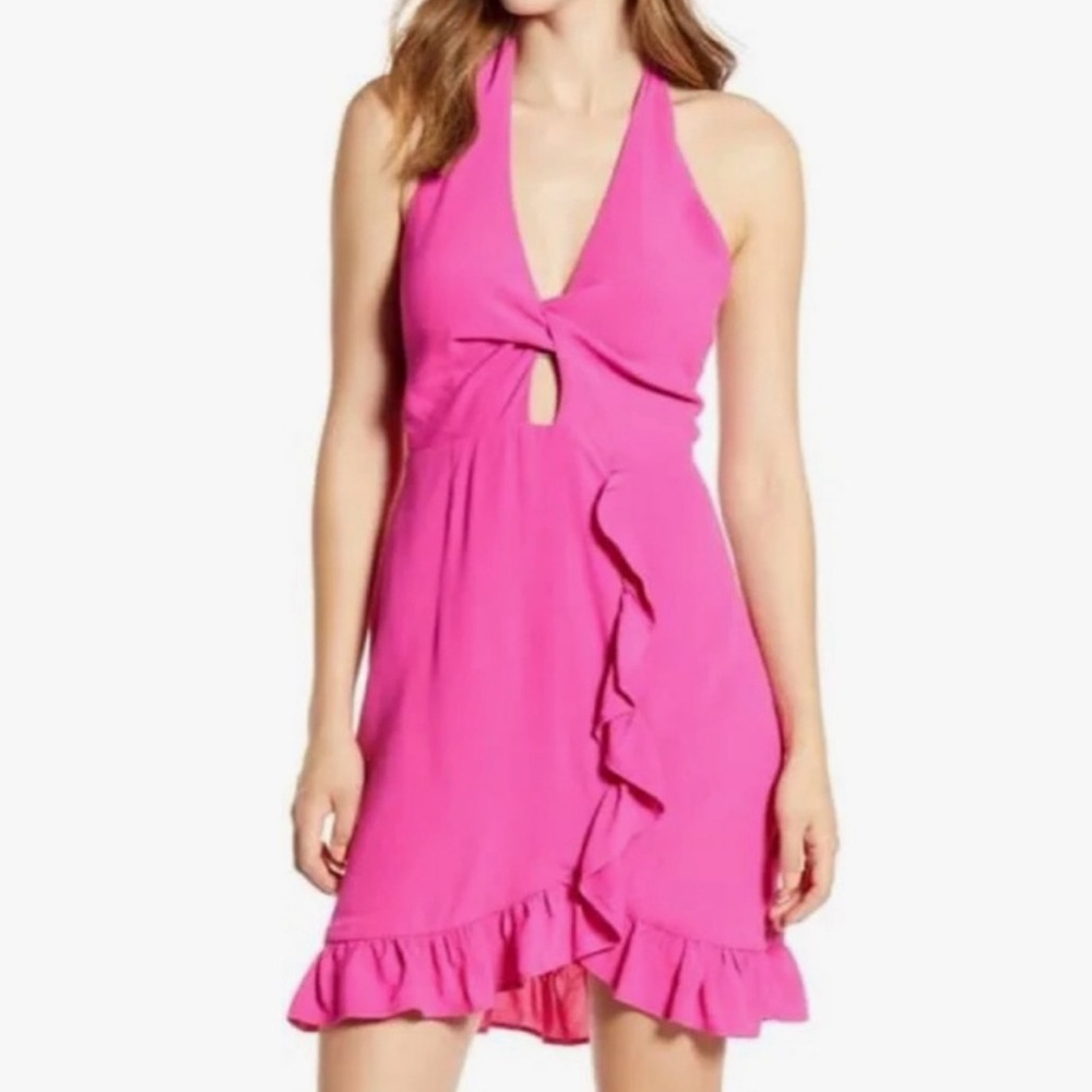 Nordstrom Leith Keyhole Detail Halter Mini Dress, Barbie Pink, Raspberry, Ruffle